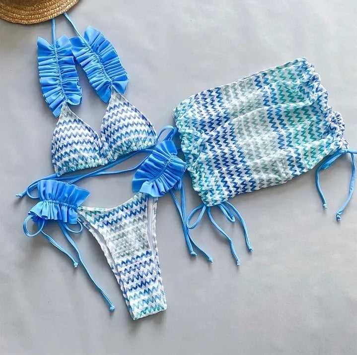 Three piece ruffle bikini set with skirt