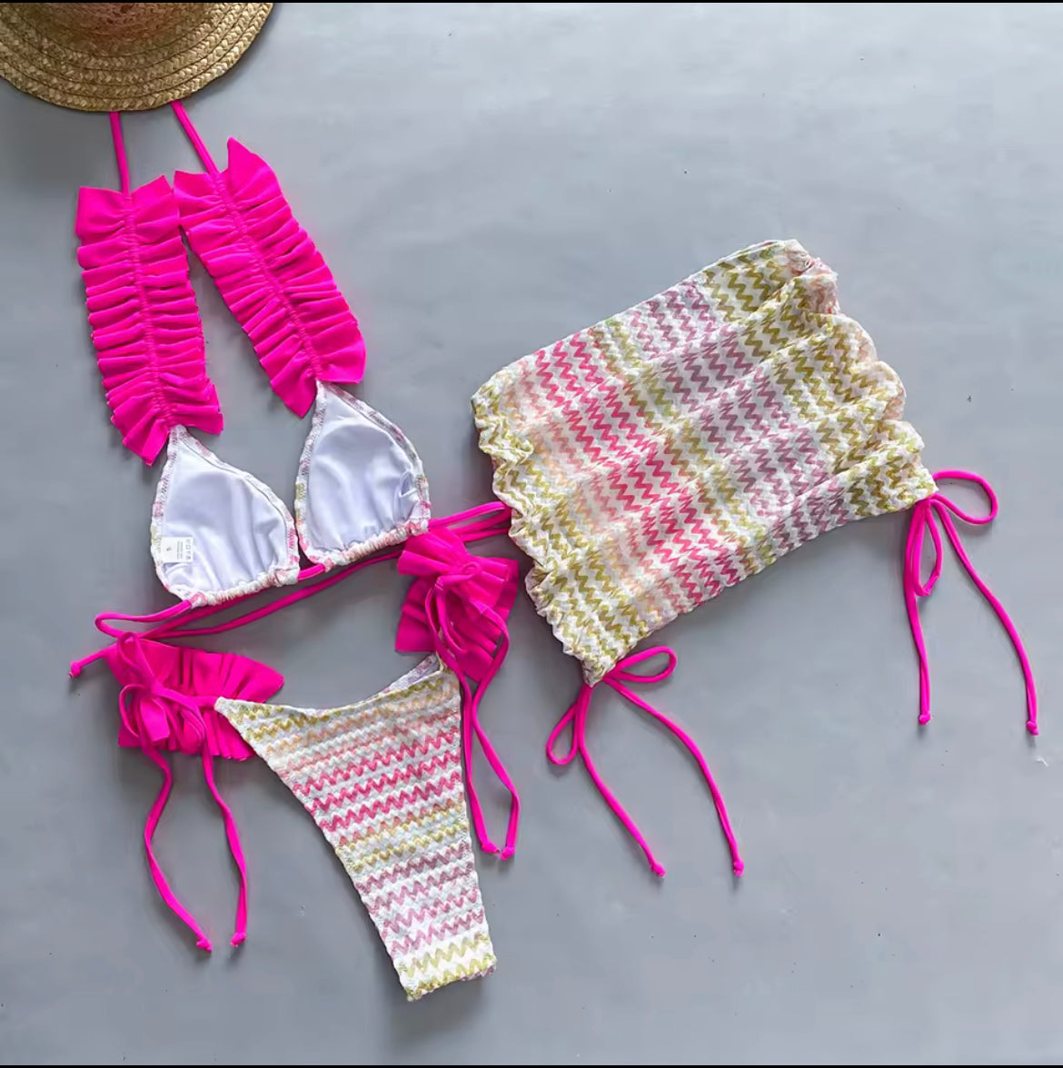 Three piece ruffle bikini set with skirt
