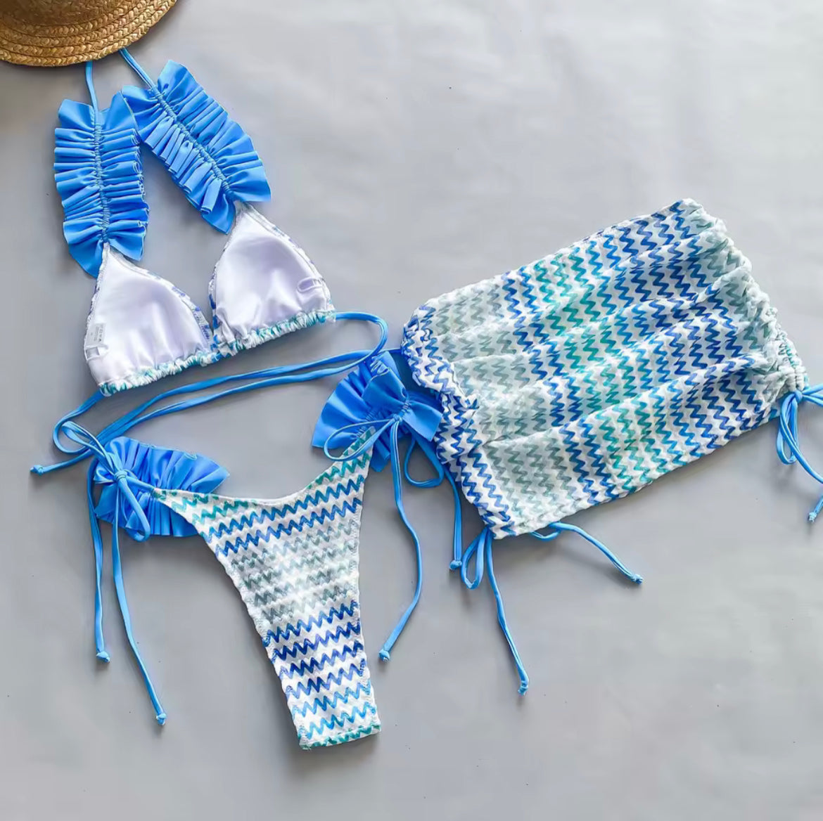 Three piece ruffle bikini set with skirt