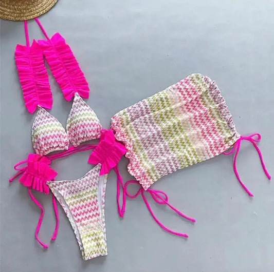 Three piece ruffle bikini set with skirt